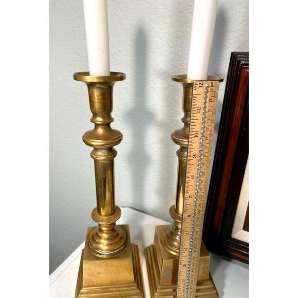 Vintage 12 Inch Brass Candles Holders Pair Heavy Base 1970s - Picture 8 of 9